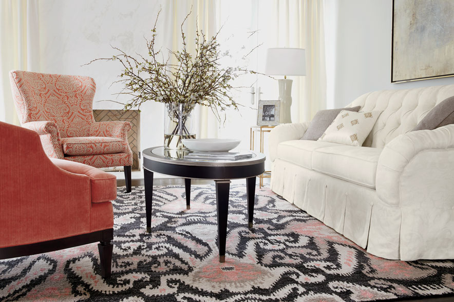 SHOWN: PEYTON SOFA, WILDER AND BECKETT CHAIRS, WINSTON AND TRACERY TABLES, IKAT RUG